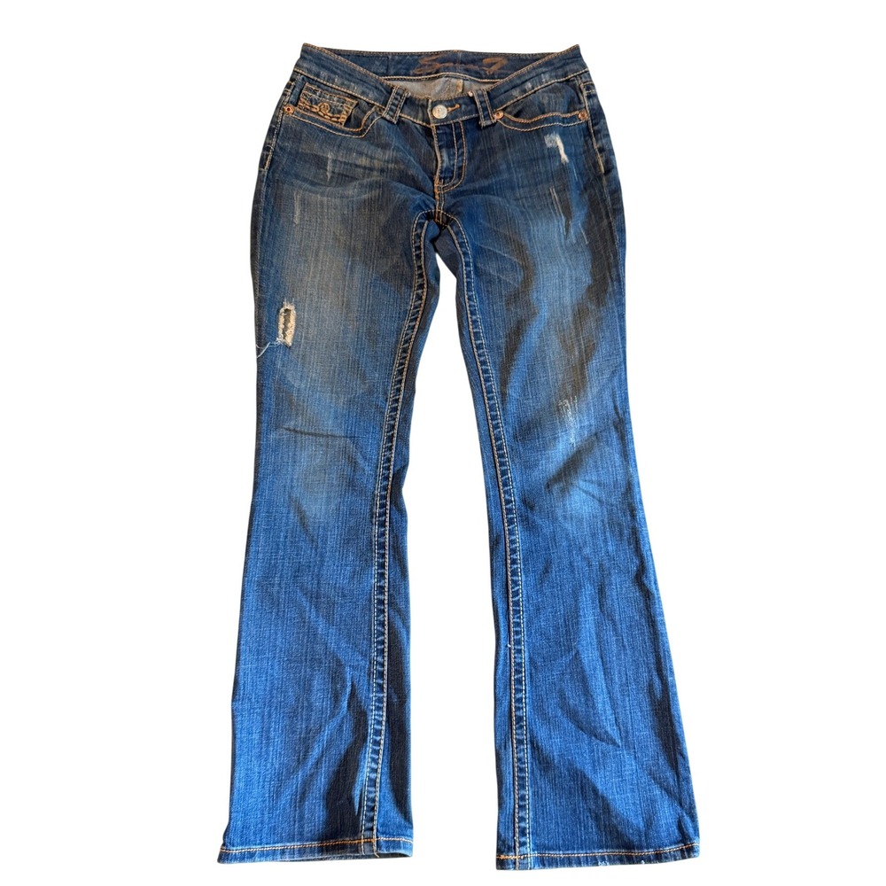 Seven7 Bootcut Jeans Womens Size 6 Blue Distressed Embroidered Y2K Denim Pants